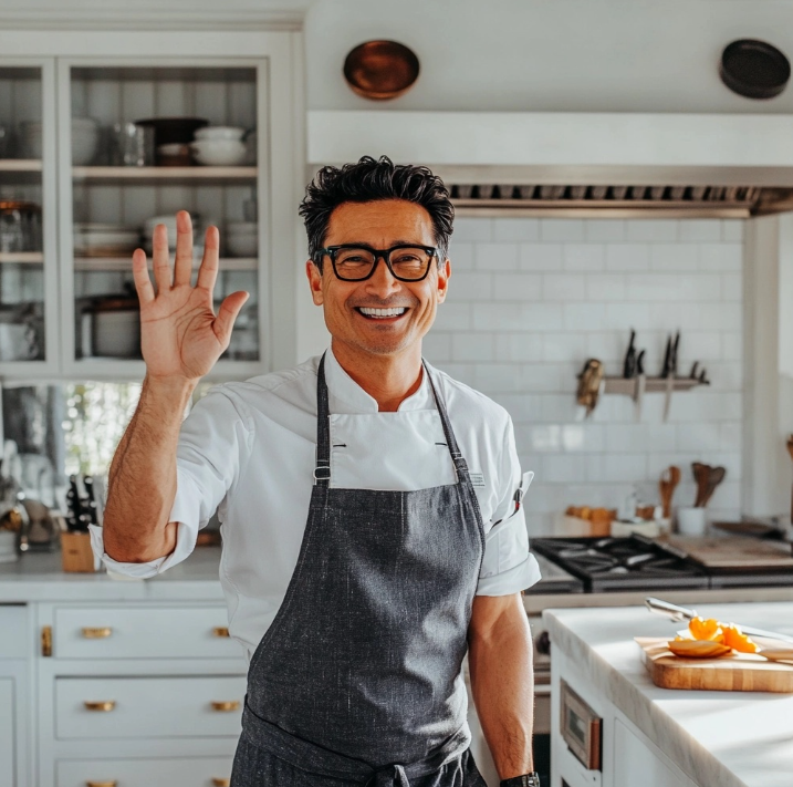 A friendly photo of Felix Kenji in his kitchen waving hello